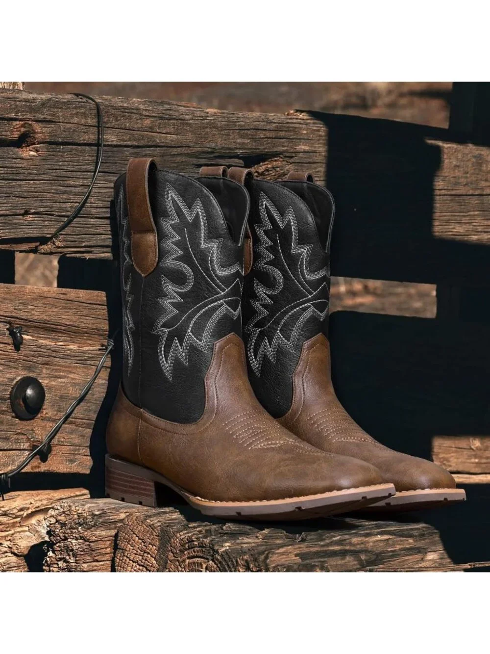 Men's Black Brown Faux Leather Slip On Square Toe With Embroidered Boots